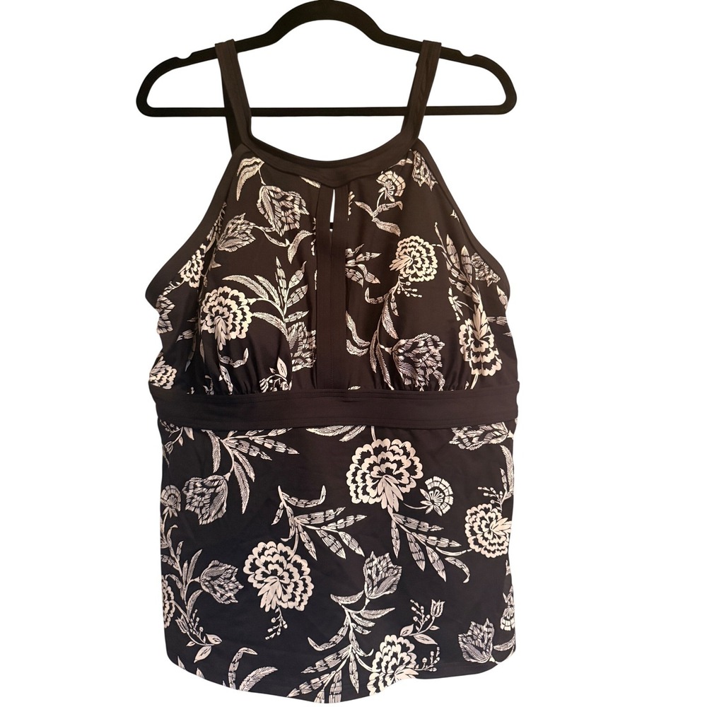 Beach Vacation Modest Lands End Black‎ White Floral High Neck Tankini Top 18W DD